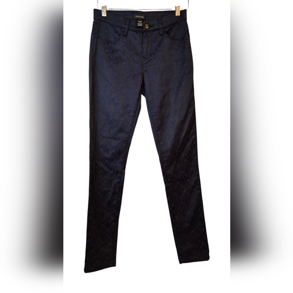 Cache Women's Low Rise Skinny Leg Pants Blue/Black Floral Jacquard Design Size 2 - Picture 2 of 11